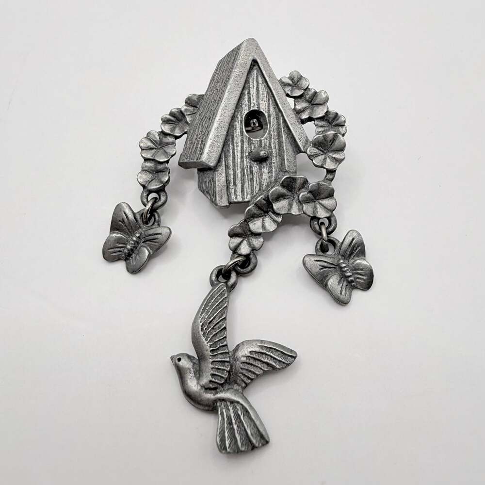 Lindsay Claire Designs Pewter Birdhouse Brooch Pin Dangle Butterfly Bird Vintage